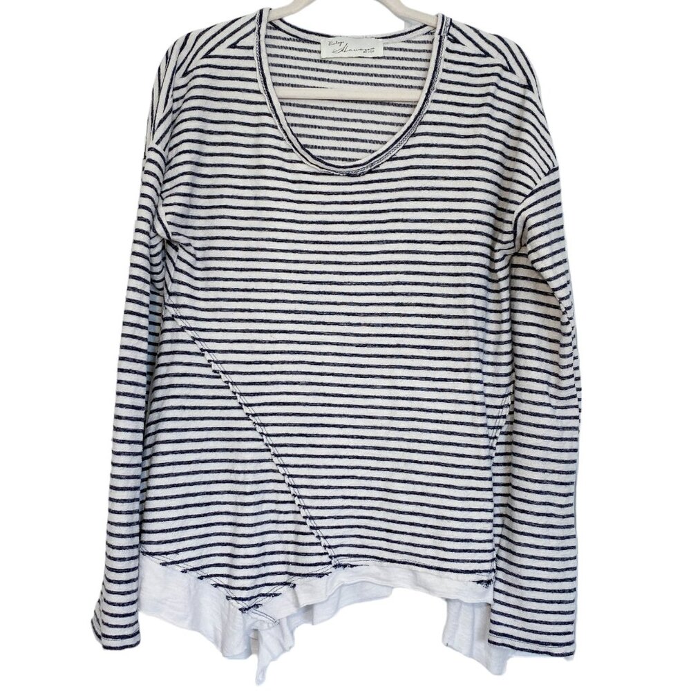 Vintage Havana Shirt Womens Blue White Stripe Asymmetrical Hem Nautical Large